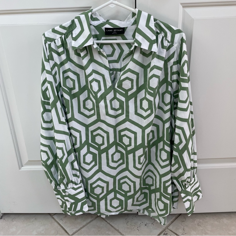 Lane Bryant 18/20 Long-Sleeve Collar Popover Geometric 100% Cotton Shirt Top